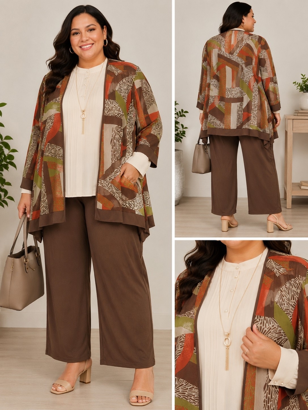 Antthony Originals 2PC Plus Size Pant Set P2X Brown Abstract Duster & Wide Leg